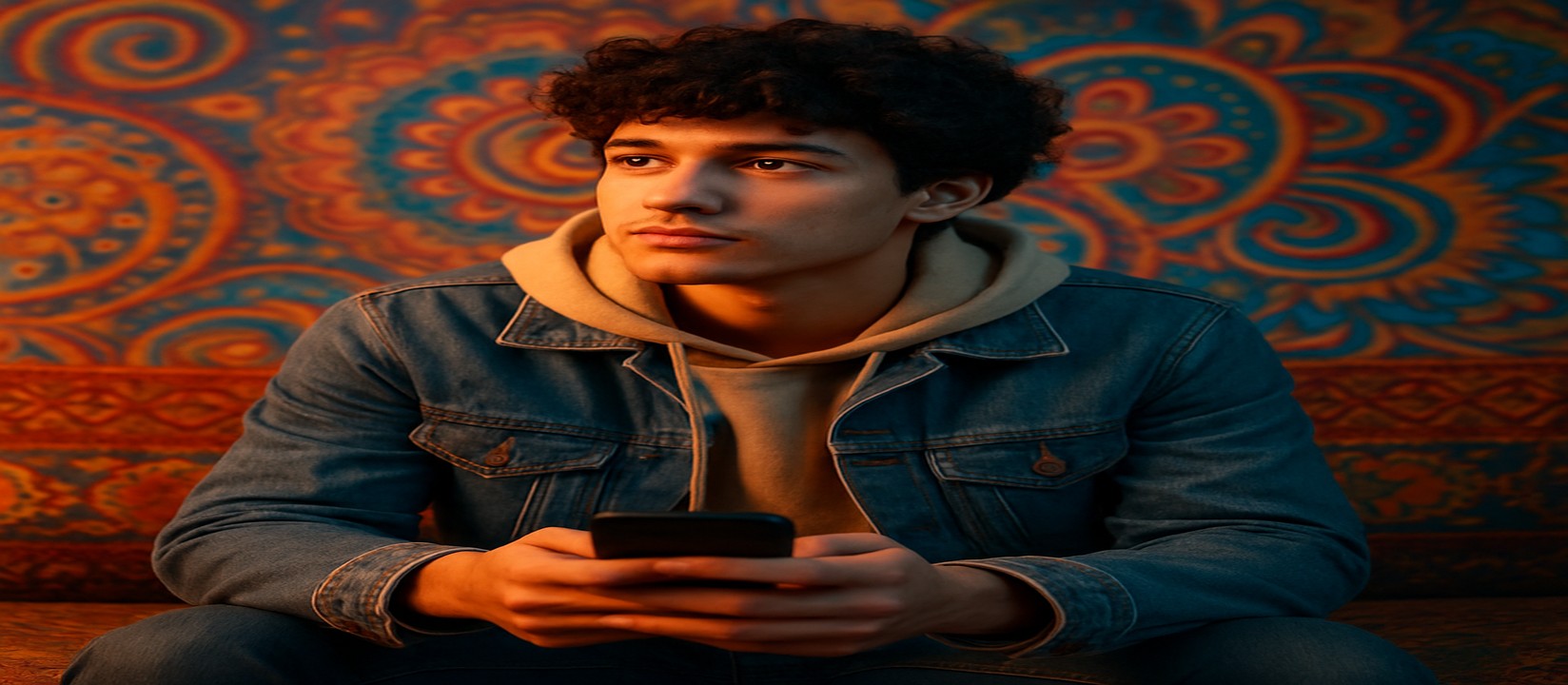 ডেনিম জ্যাকেট পরা এক ব্যক্তি সোফায় বসে হাতে একটি ফোন নিয়ে jetbuzz অ্যাপে গেম খেলছেন।