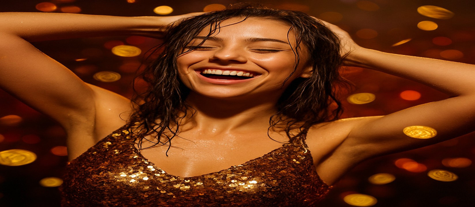 jetbuzz প্ল্যাটফর্মে Aviator গেম জয় উদযাপন করছেন একজন নারী; চারপাশে উড়ন্ত সোনার কয়েনগুলো ছড়িয়ে পড়ছে