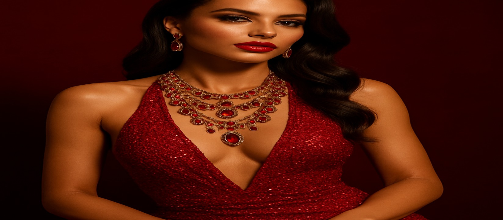 একটি jetbuzz গেমিং প্ল্যাটফর্মের টেবিলে একটি আড়ম্বরপূর্ণ লাল পোশাক পরিহিত নারী ডিলার