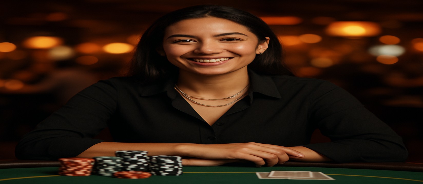একটি হাসিখুশি মেয়ে ডিলার jetbuzz-এর গেমিং প্ল্যাটফর্মে কার্ড টেবিলে সামনে চিপস ও কার্ড নিয়ে বিস্তৃত গেমের নির্বাচন উপস্থাপন করছেন।