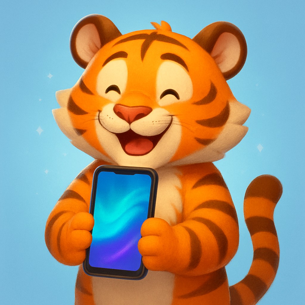 একটি কার্টুন টাইগার বাচ্চা তার পায়ে একটি স্মার্টফোন ধরে আছে, jetbuzz অ্যাপটি দ্রুত ও নির্ভরযোগ্য।