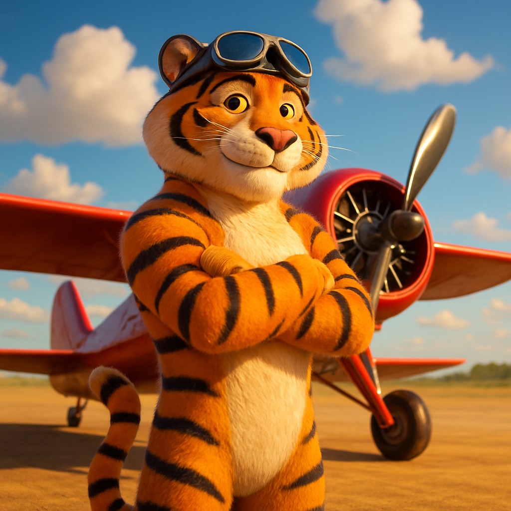 jetbuzz প্ল্যাটফর্মে Aviator গেমটির প্রতিনিধিত্ব করতে একটি বাঘ-চালিত পাইলট লাল বর্ণের পুরনো বিমানটির পাশে দাঁড়িয়ে আছে