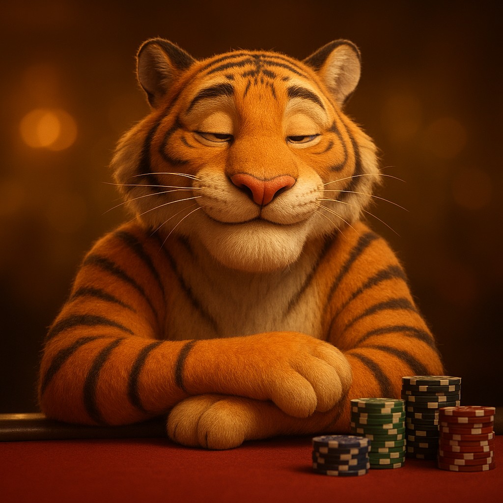 একটি হাসিখুশি বাঘশাবক jetbuzz গেমিং প্ল্যাটফর্মের খেলার টেবিলে চিপস নিয়ে বসে আছে