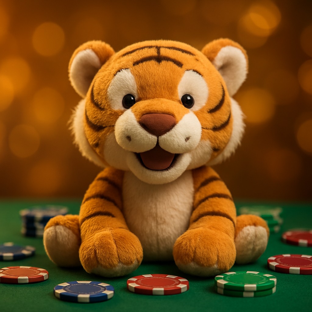 একটি ছোট বাঘের বাচ্চা একটি টেবিলের ওপর চিপসসহ বসে আছে।