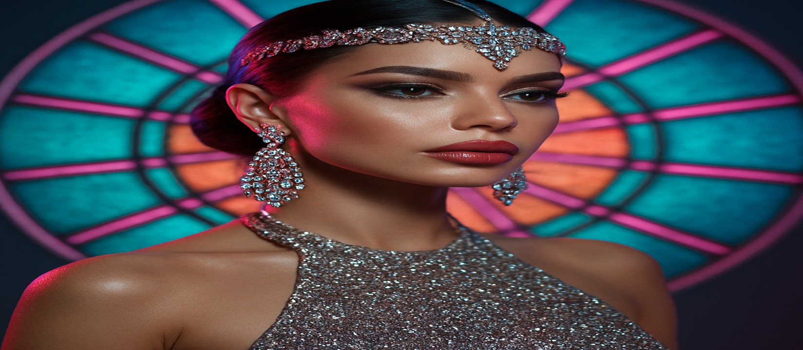 jetbuzz গেমিং প্ল্যাটফর্মের সামনে উজ্জ্বল রঙের সিকুইনড পোশাক পরা একজন নারী ভঙ্গি দিচ্ছেন