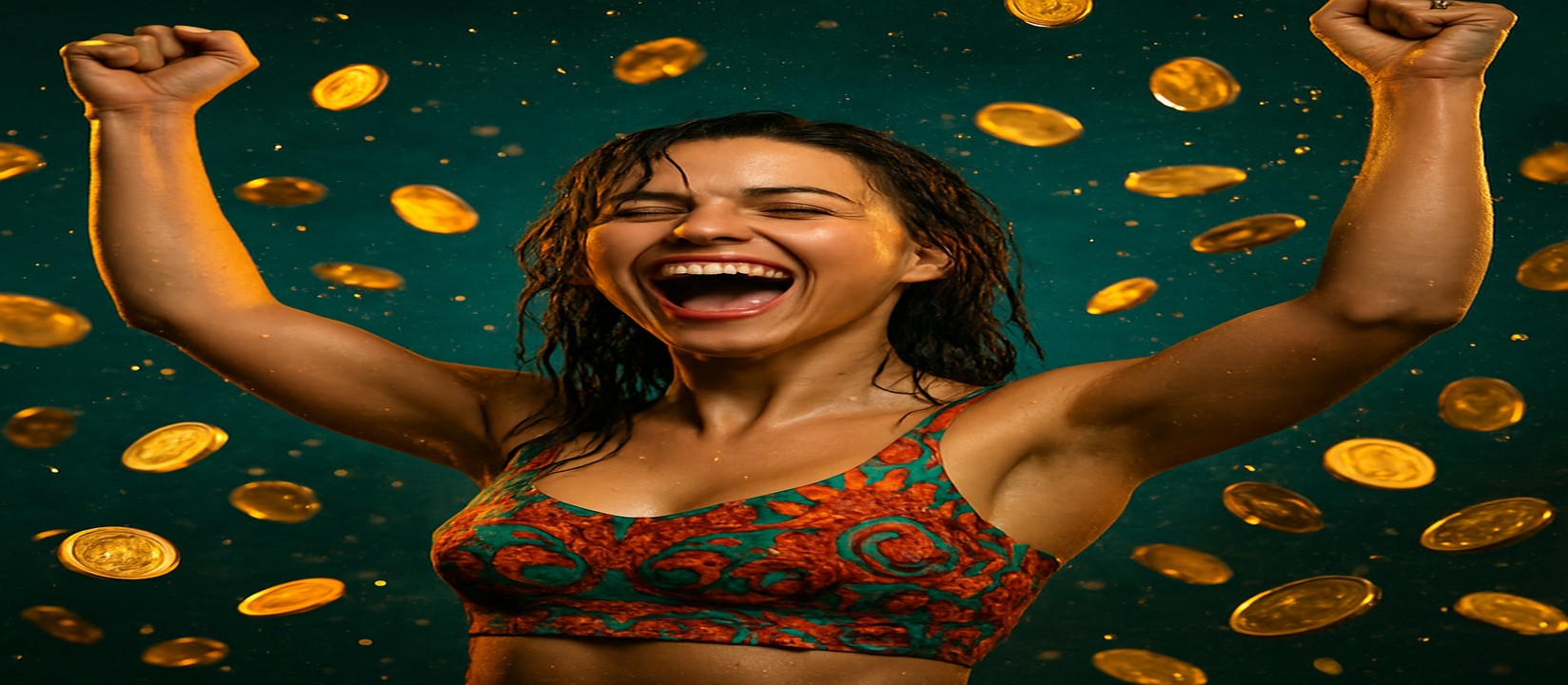 jetbuzz গেমিং প্ল্যাটফর্মে কয়েনের বৃষ্টির মতো মুদ্রার ঝড়ের মাঝে একটি রঙিন টপ পরা নারী দাঁড়িয়ে আছেন